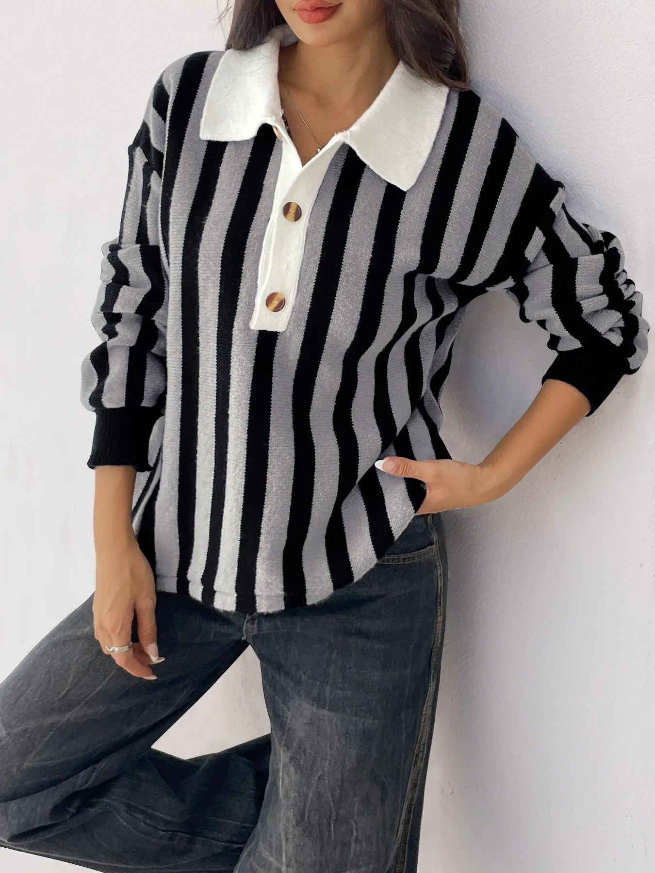 Striped Button Front Long Sleeve Sweater - Fashorio