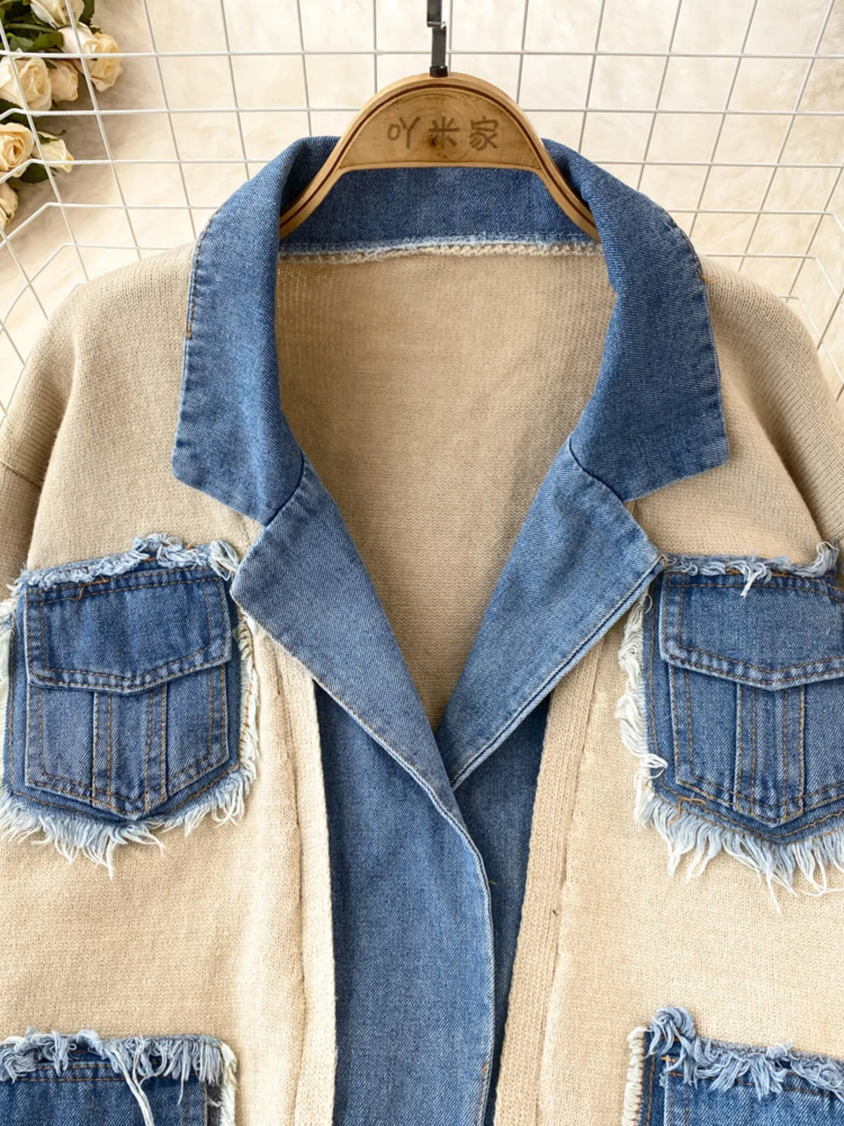 raw hem patchwork pocket cardigan side view
