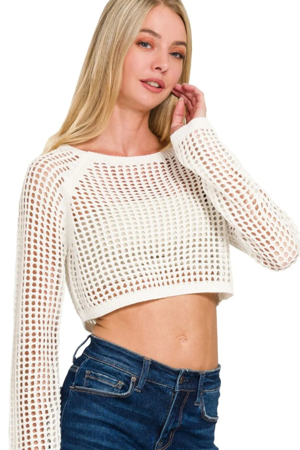Openwork Cropped Round Neck Sweater in Ivory back view