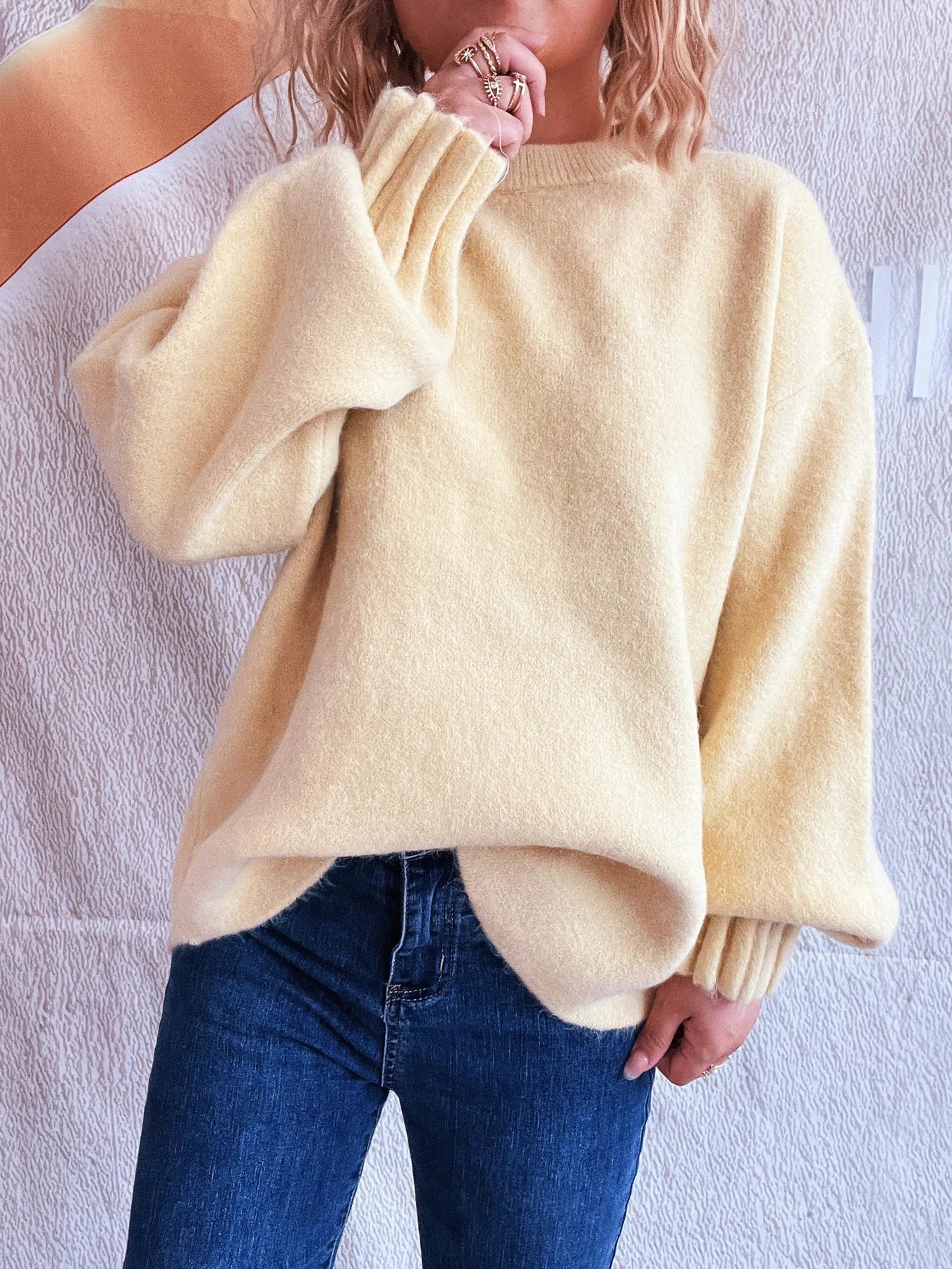 Round Neck Dropped Shoulder Sweater - Fashorio