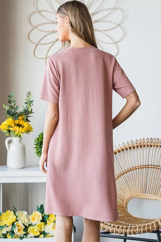Solid Ribbed Mini Dress with Button view 11