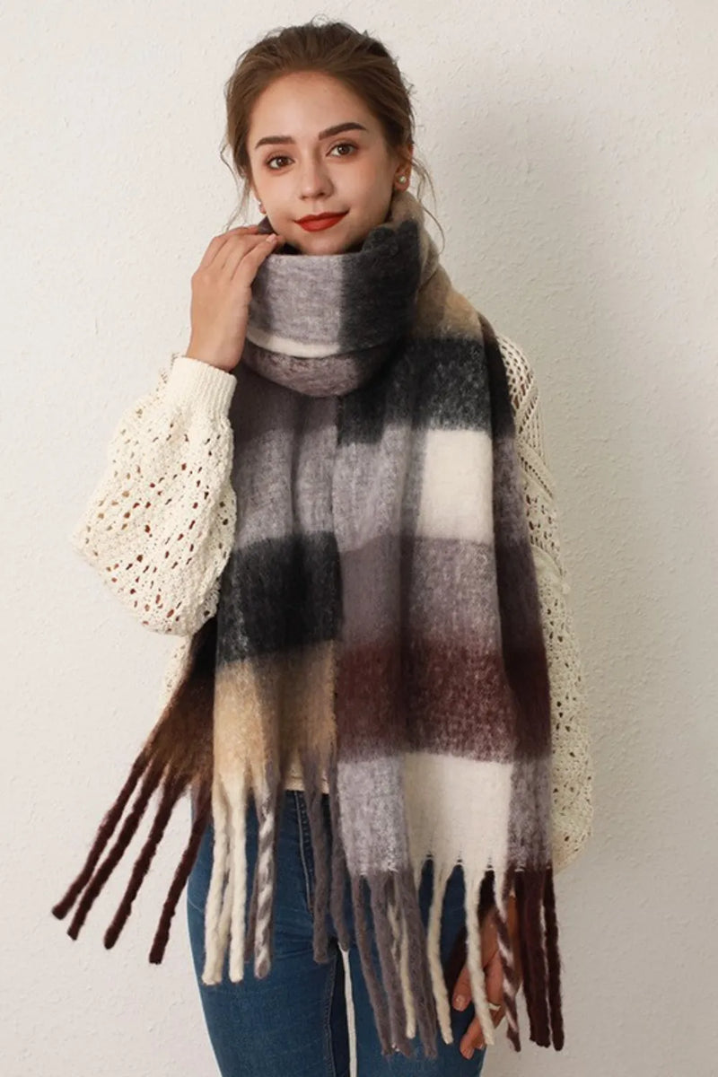 Thermal fringe plaid scarf wrapped around the neck