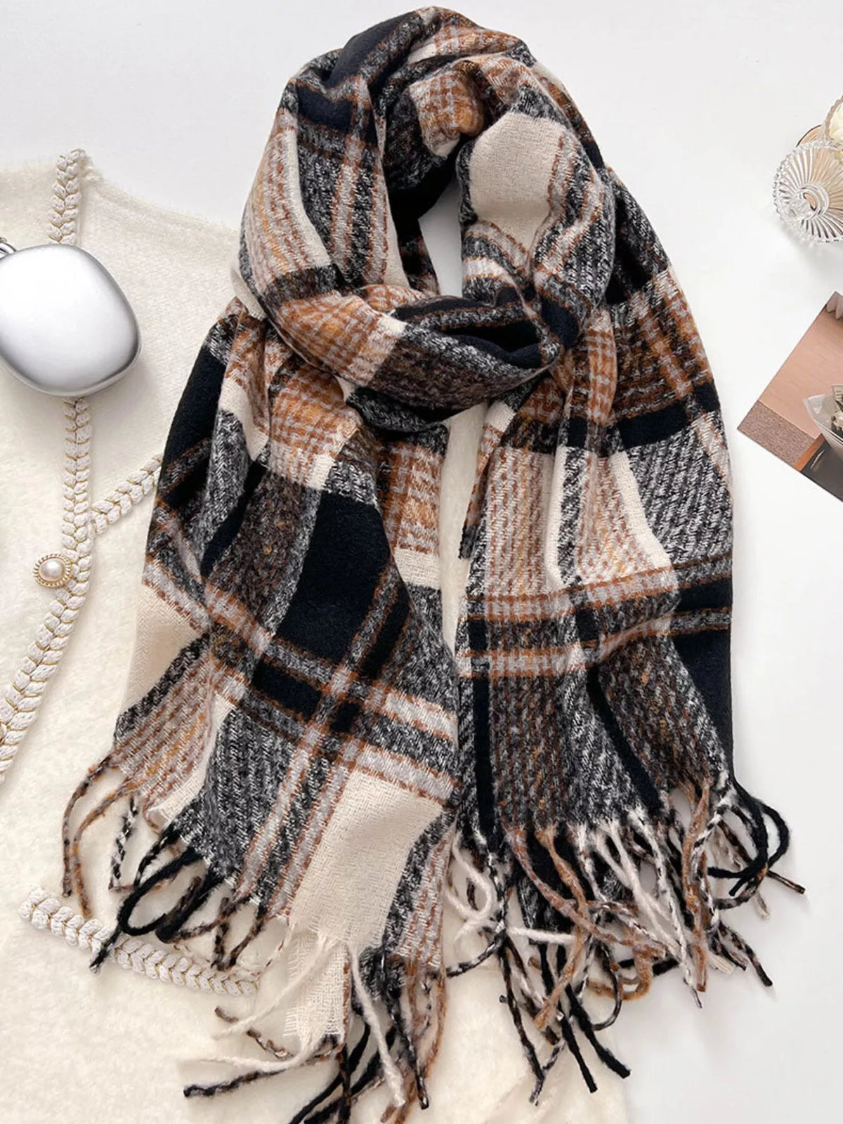 Plaid scarf laid flat