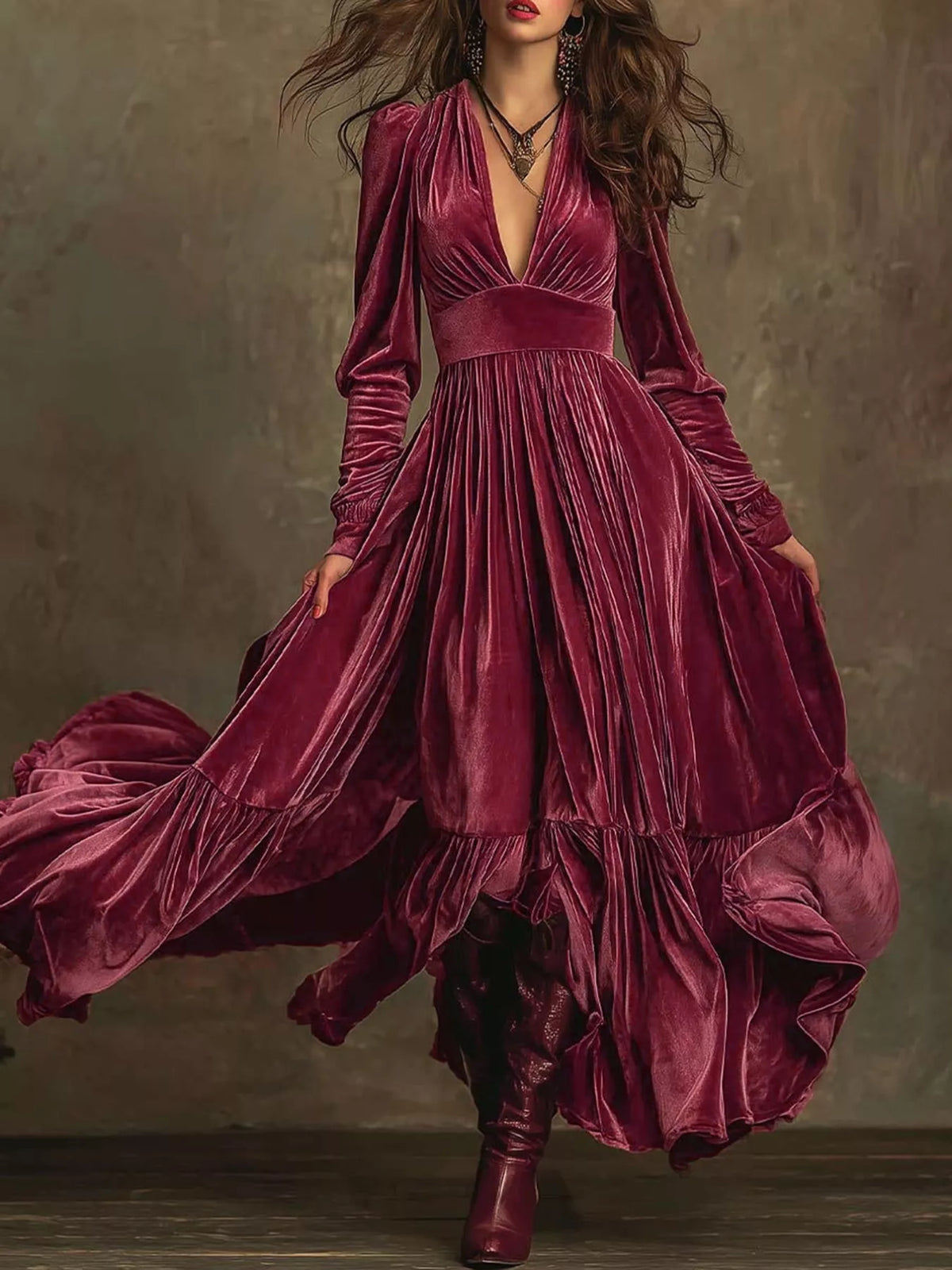 Ruffled hem long sleeve maxi dress flat lay
