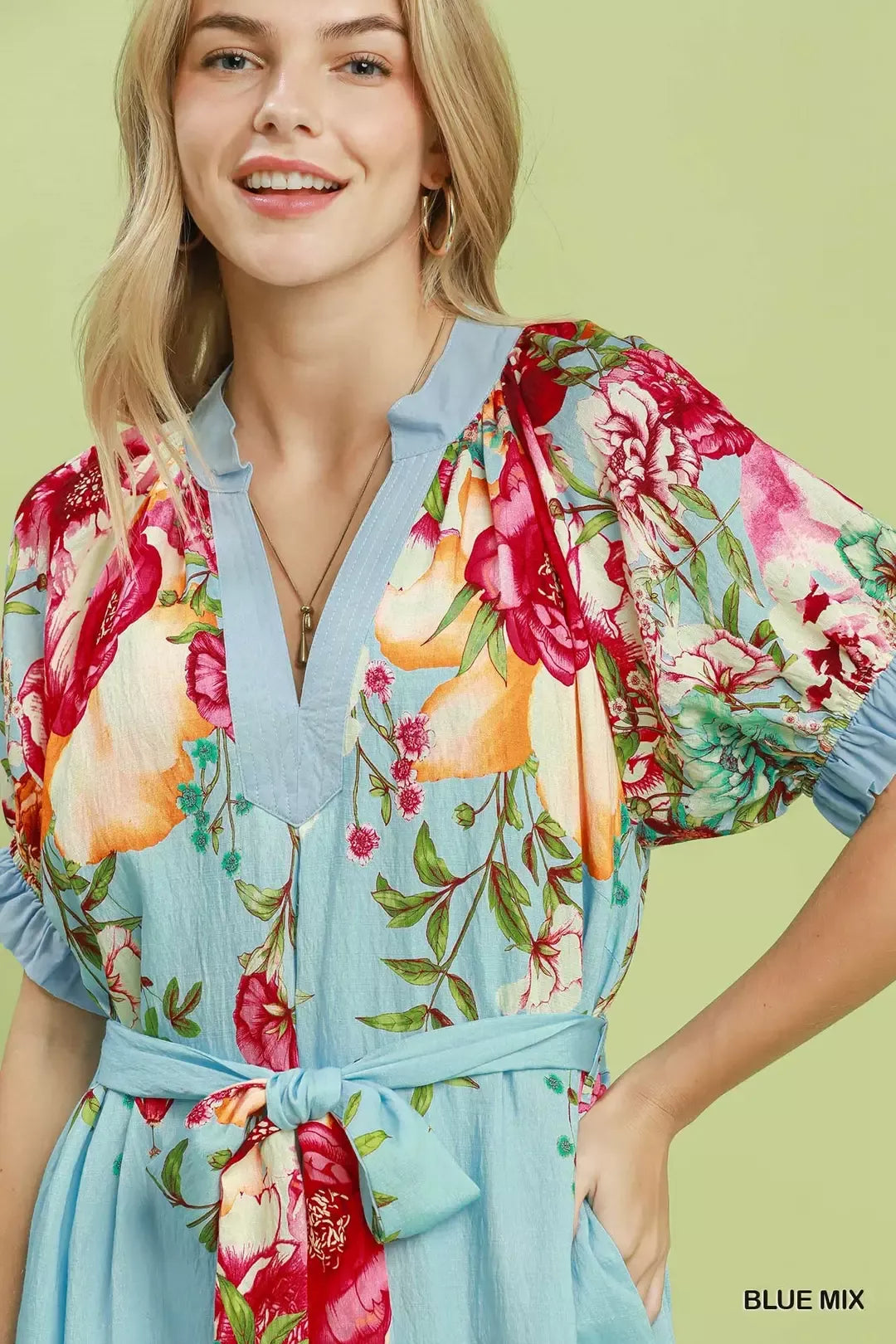 Umgee mixed floral border print midi dress in blue full length view