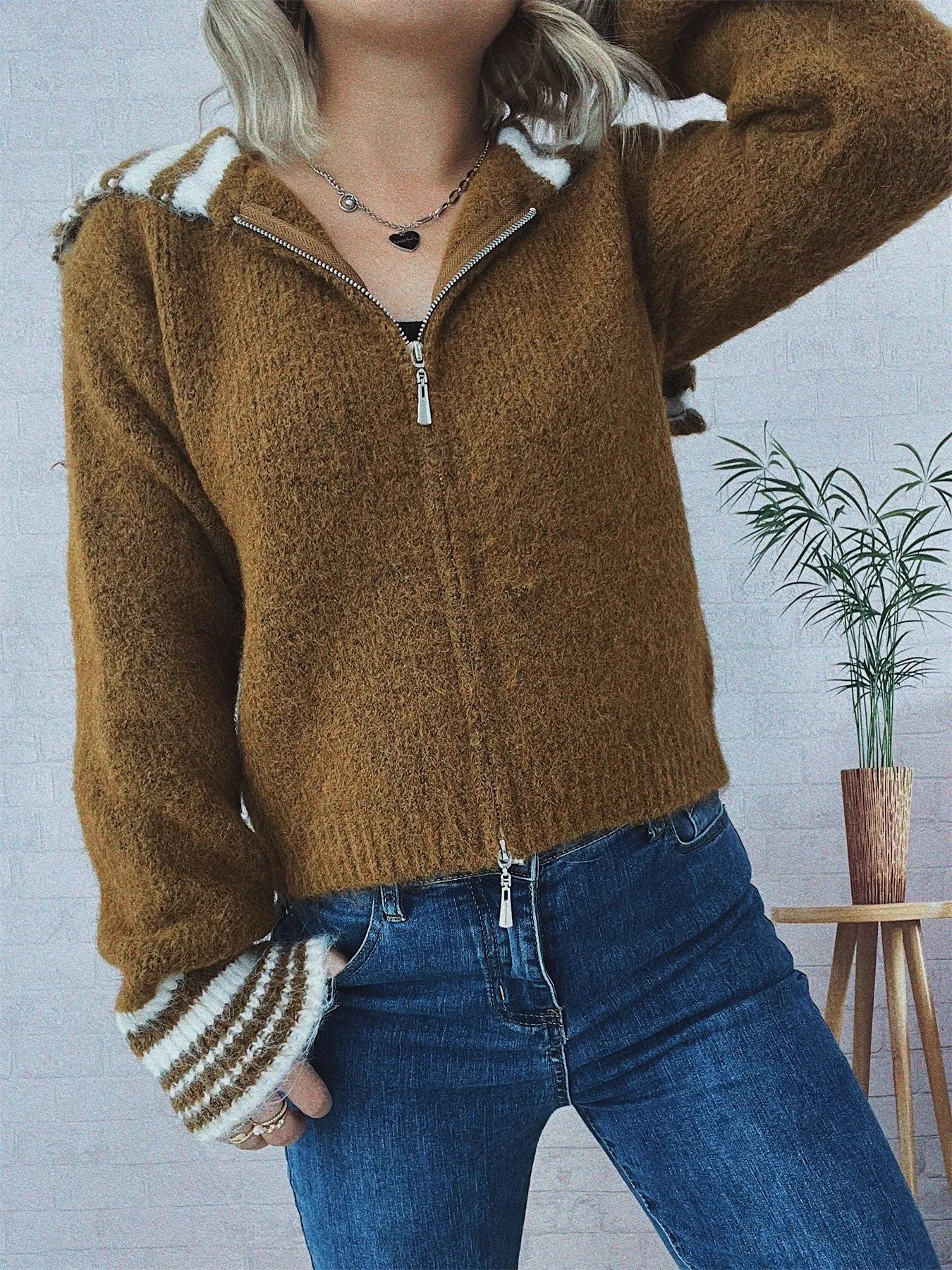 Striped Zip-Up Cardigan Brown One Size - Fashorio