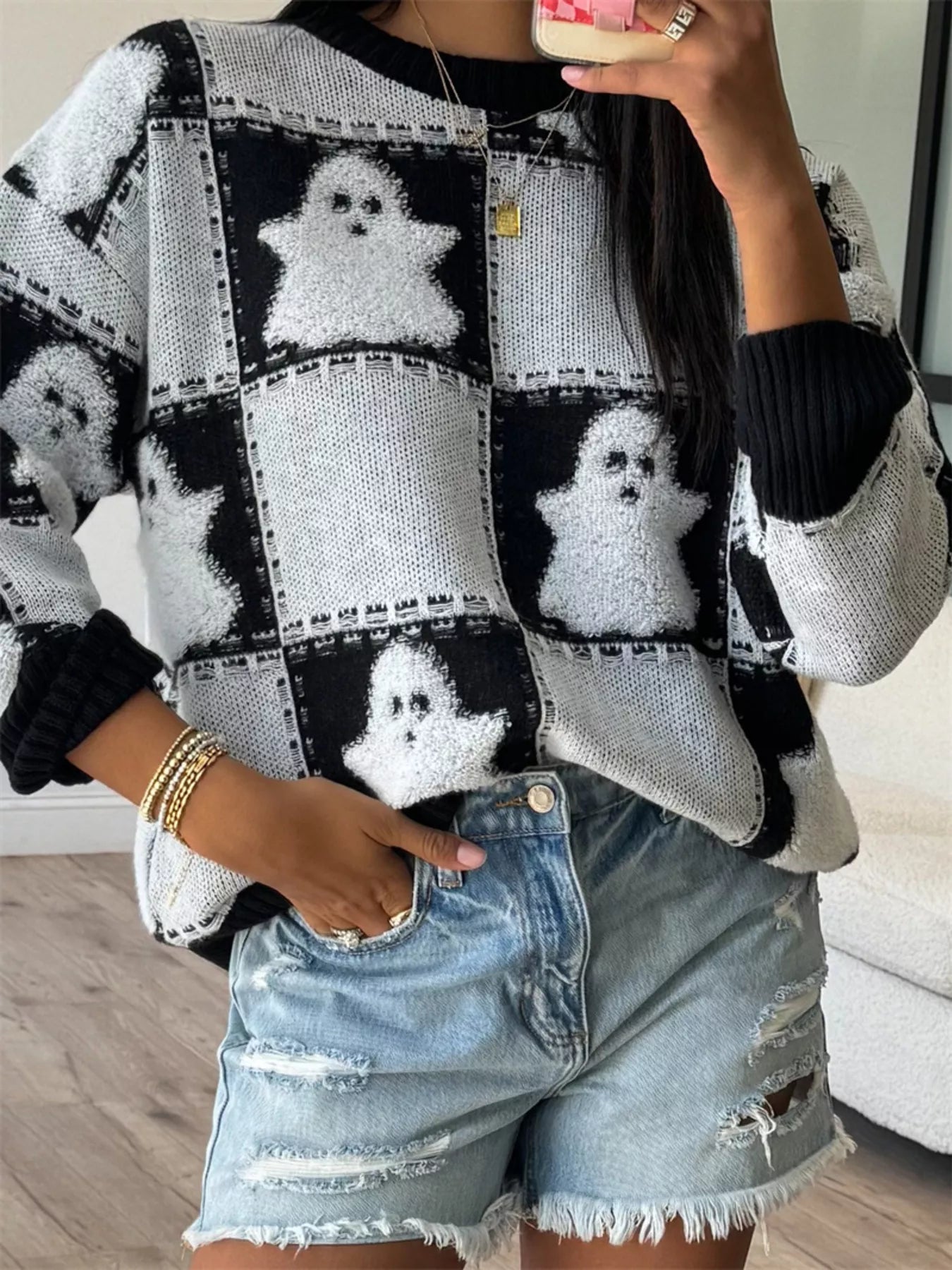 Aimee Black/White / S Halloween Ghost Checkered Drop Shoulder Sweater