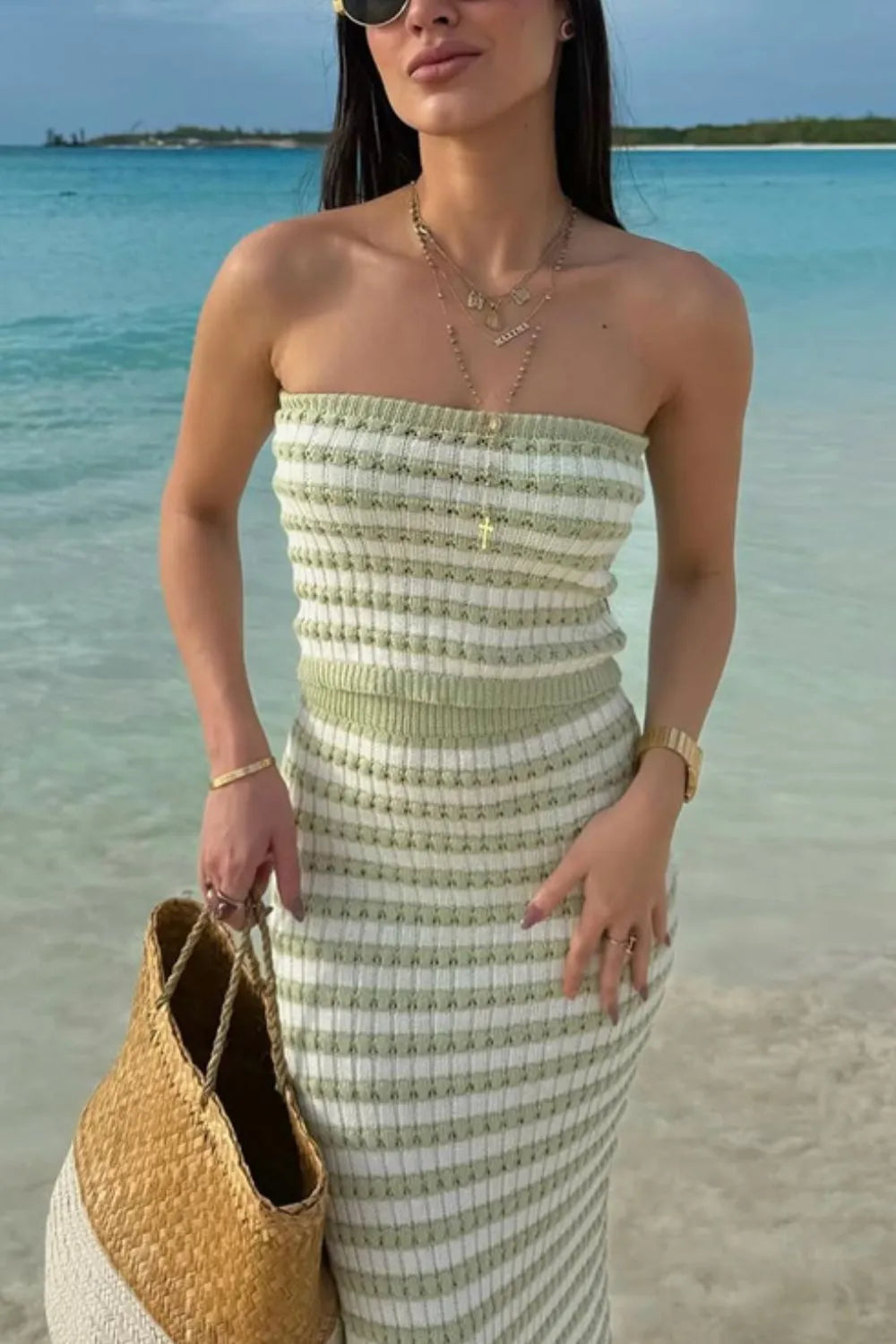 Aimee Contrast Striped Tube Top and Skirt Sweater Set