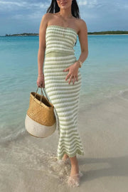 Aimee Green/White / S Contrast Striped Tube Top and Skirt Sweater Set