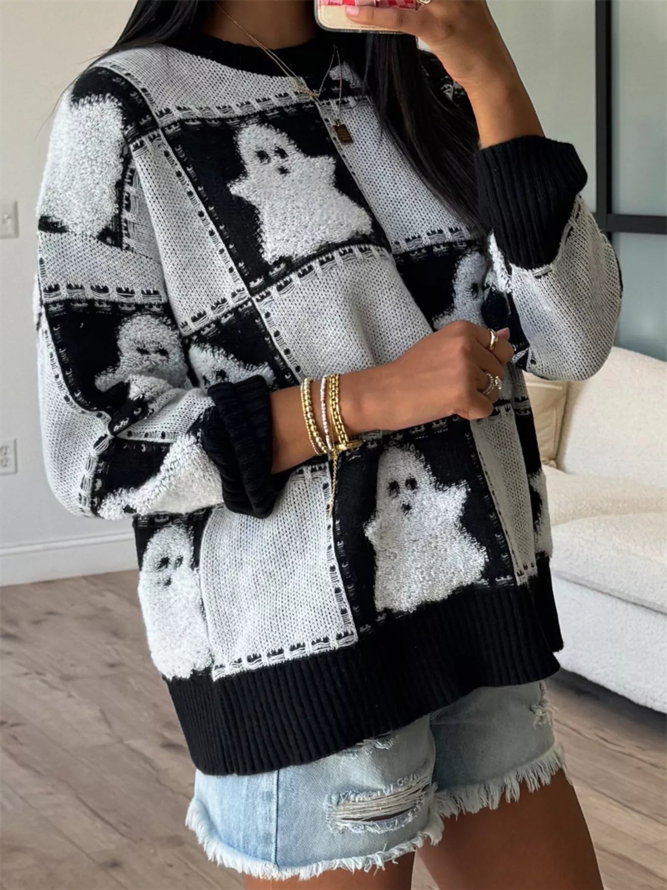 Aimee Halloween Ghost Checkered Drop Shoulder Sweater