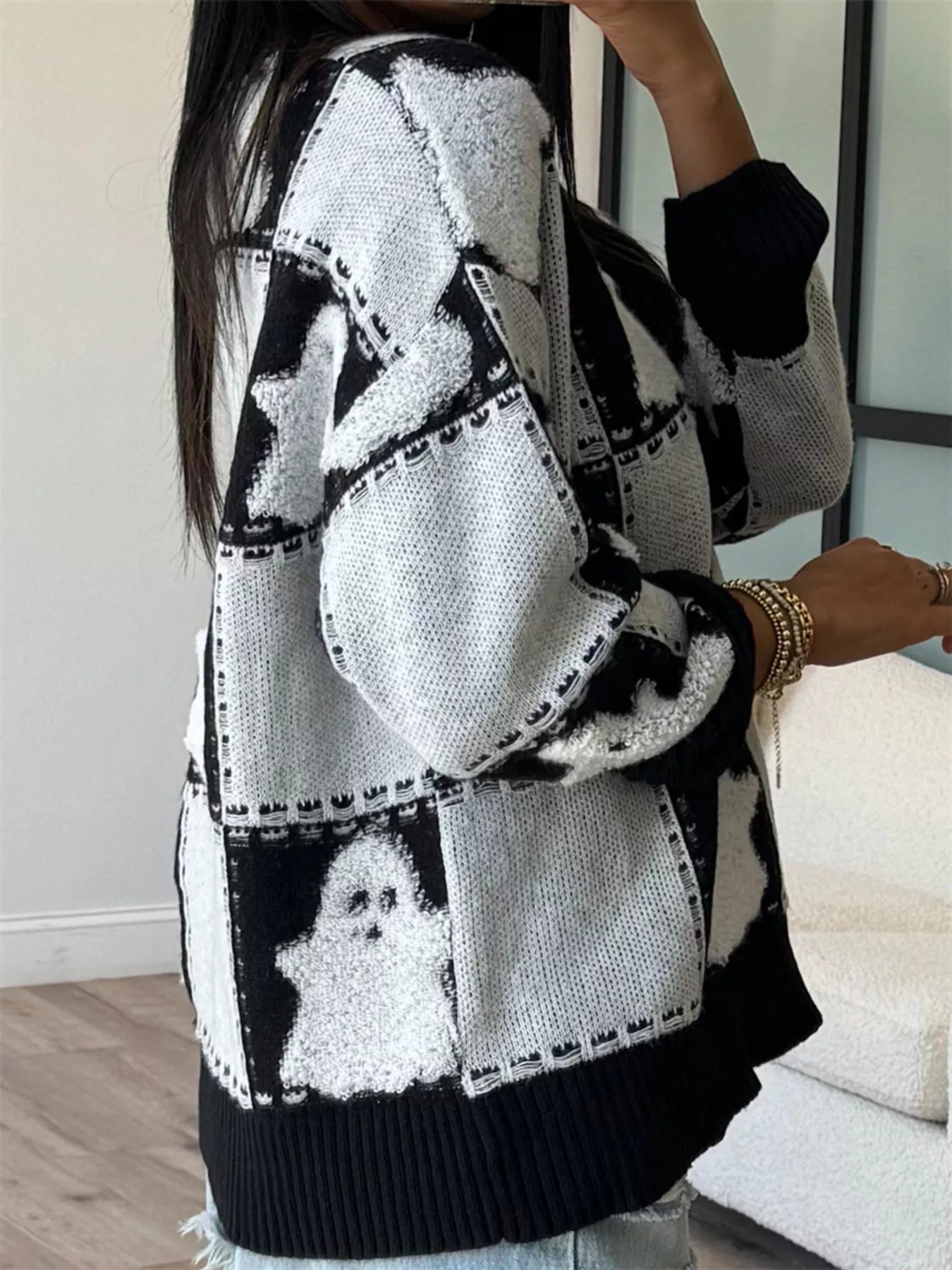 Aimee Halloween Ghost Checkered Drop Shoulder Sweater