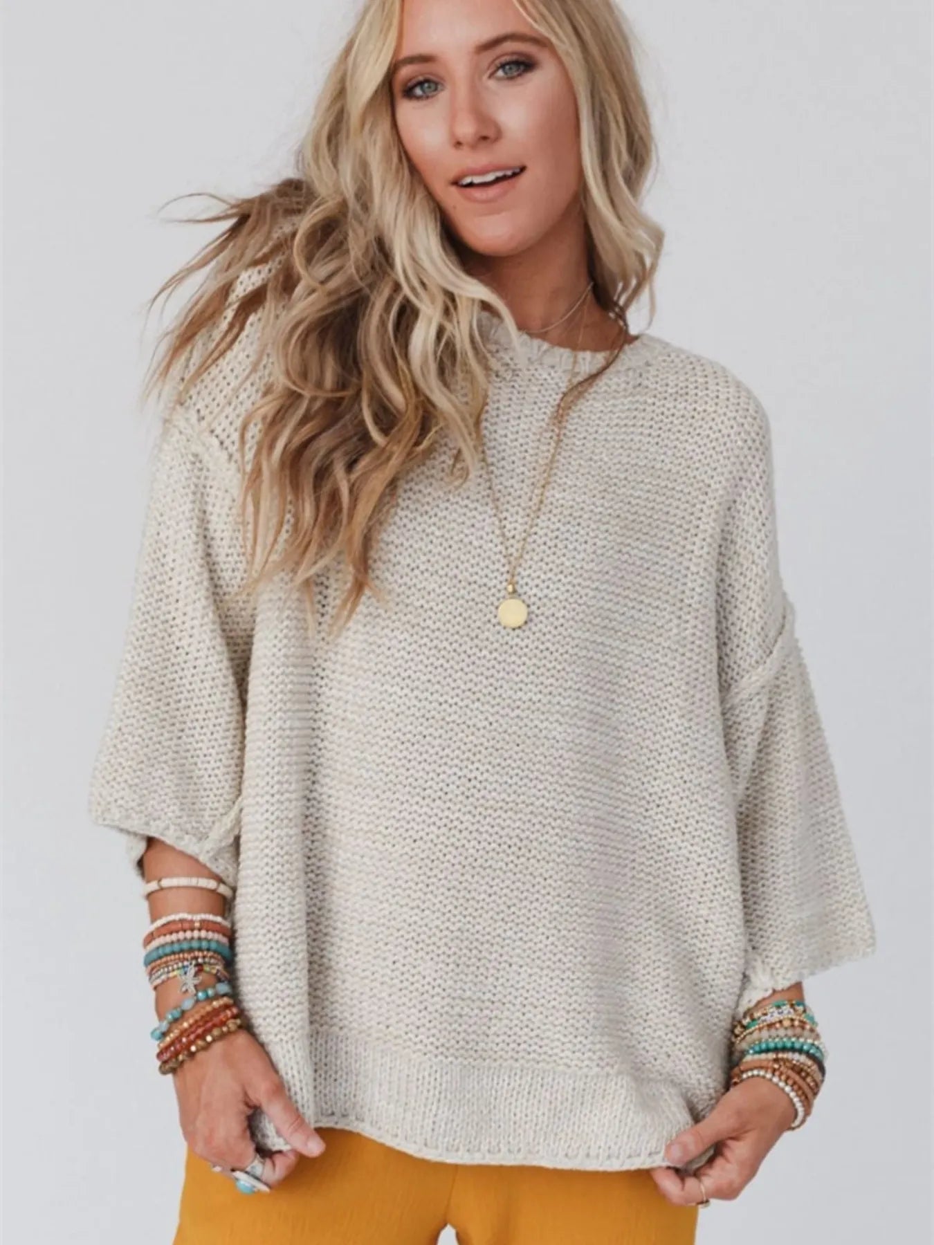 Aimee Knit Tops Apricot / S Round Neck Oversized Knit Top with Relaxed Fit