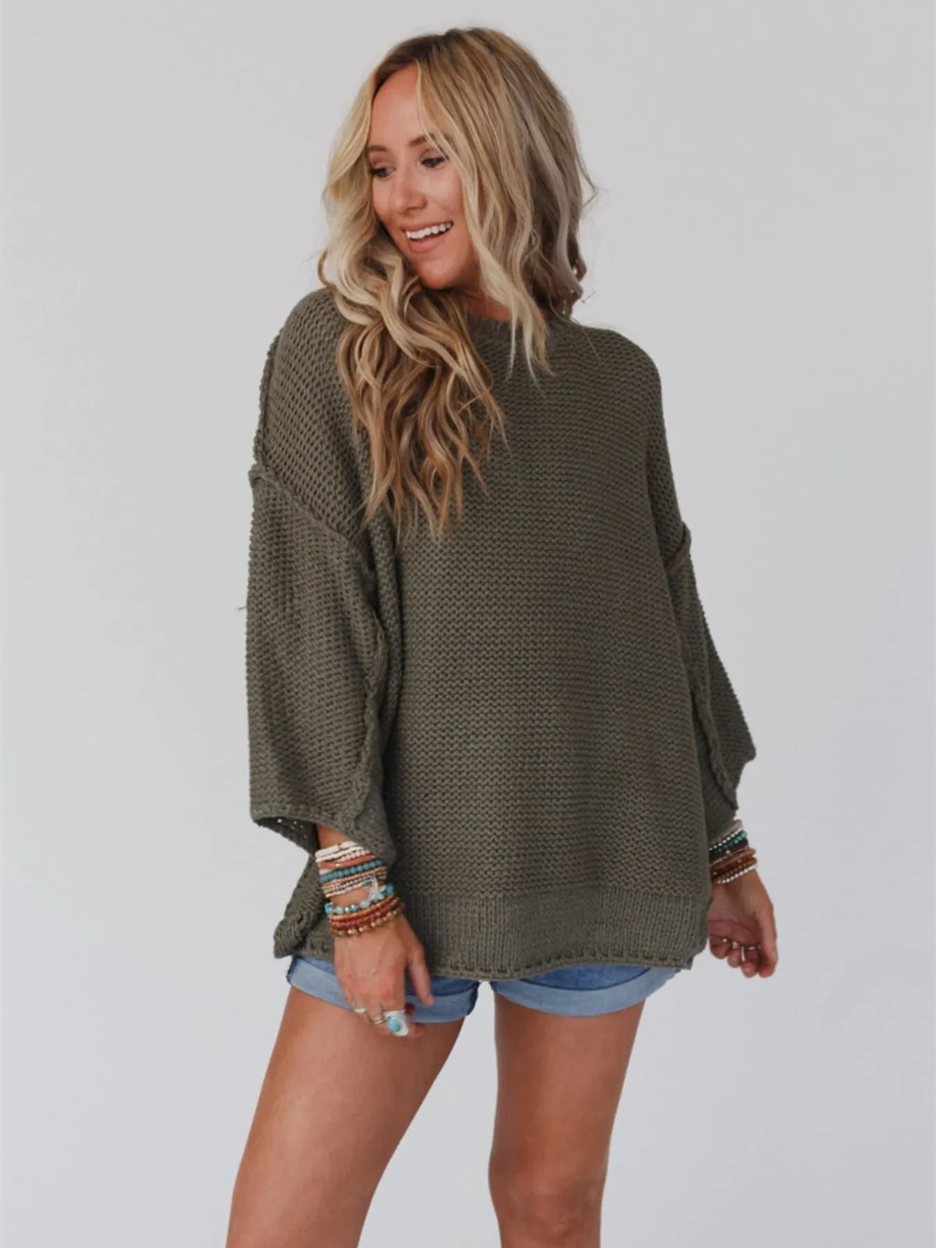 Aimee Knit Tops Army Green / S Round Neck Oversized Knit Top with Relaxed Fit