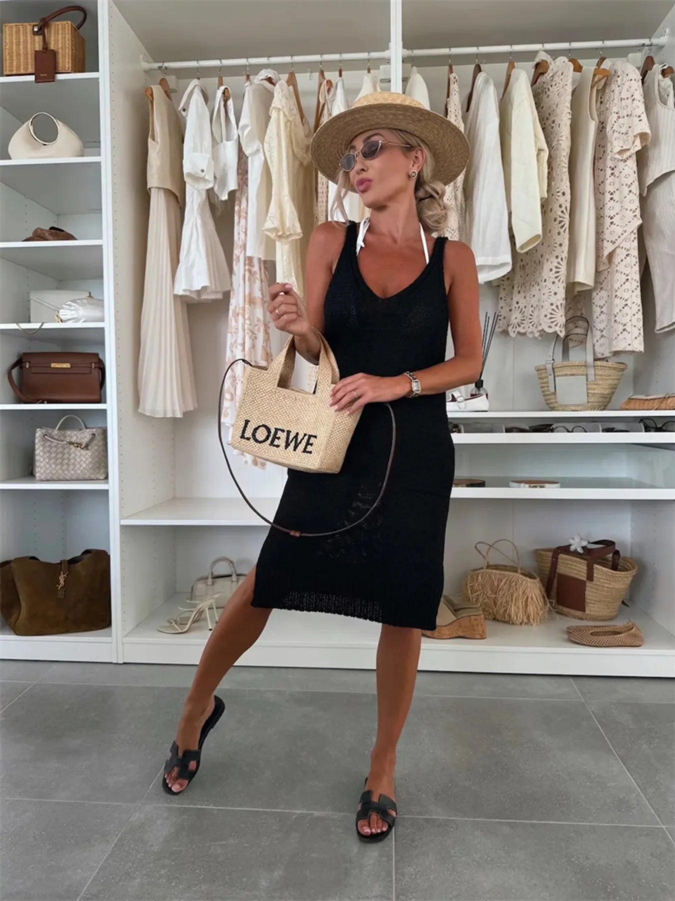 Aimee Sweater Dresses Black / S Ribbed Hem V-Neck Sweater Dress