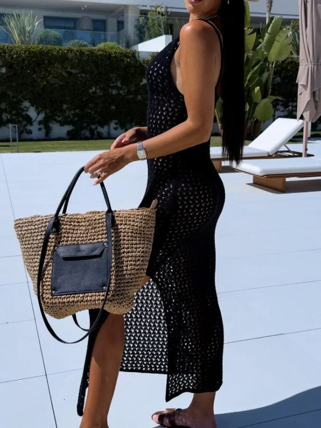 Aimee Sweater Dresses Openwork Slit Scoop Neck Sweater Dress