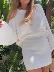 Aimee White / S Ribbed Knit Long Sleeve Top and Skirt Sweater Set