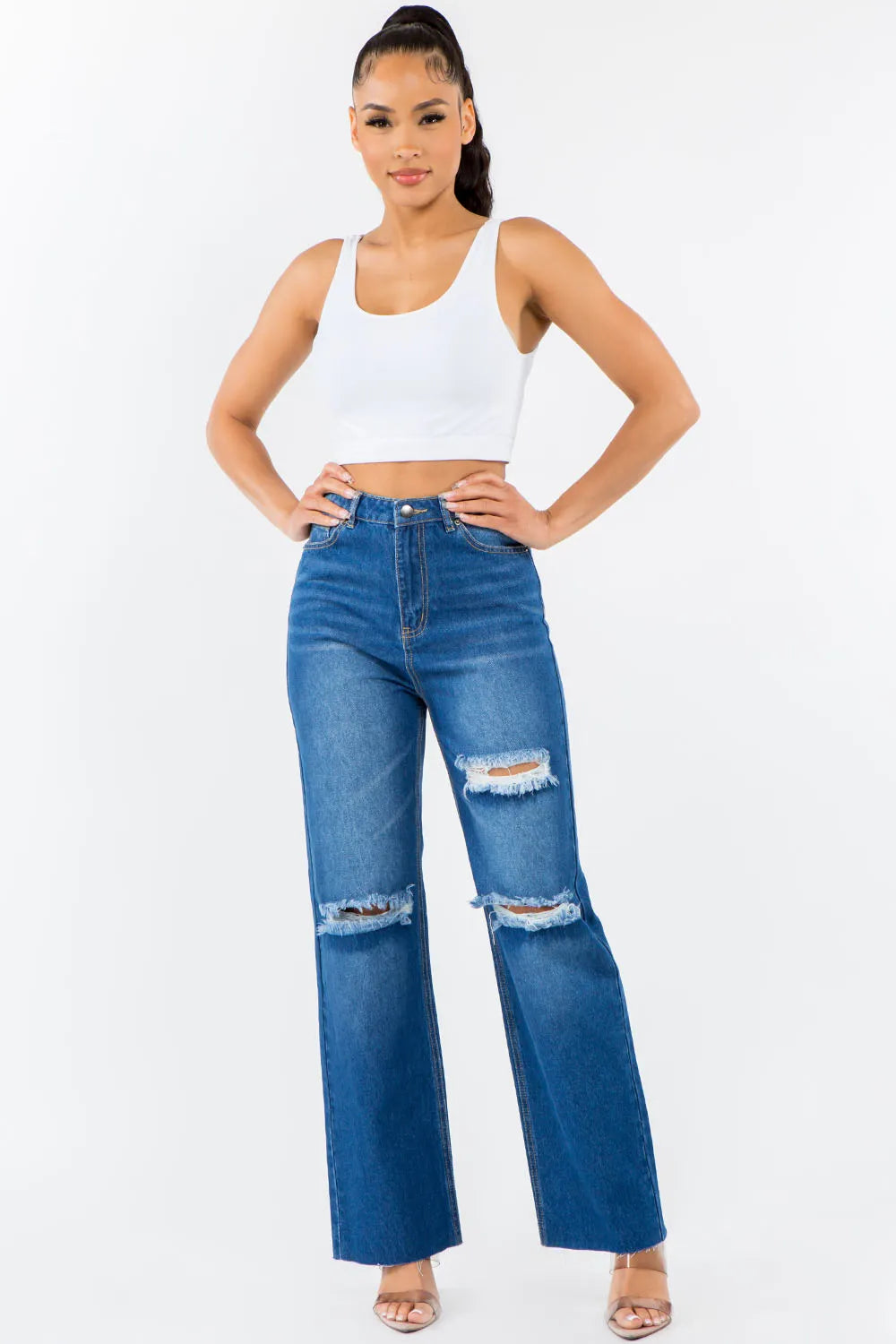 American Bazi Jeans Blue / 1 American Bazi High Waist Distressed Wide Leg Jeans
