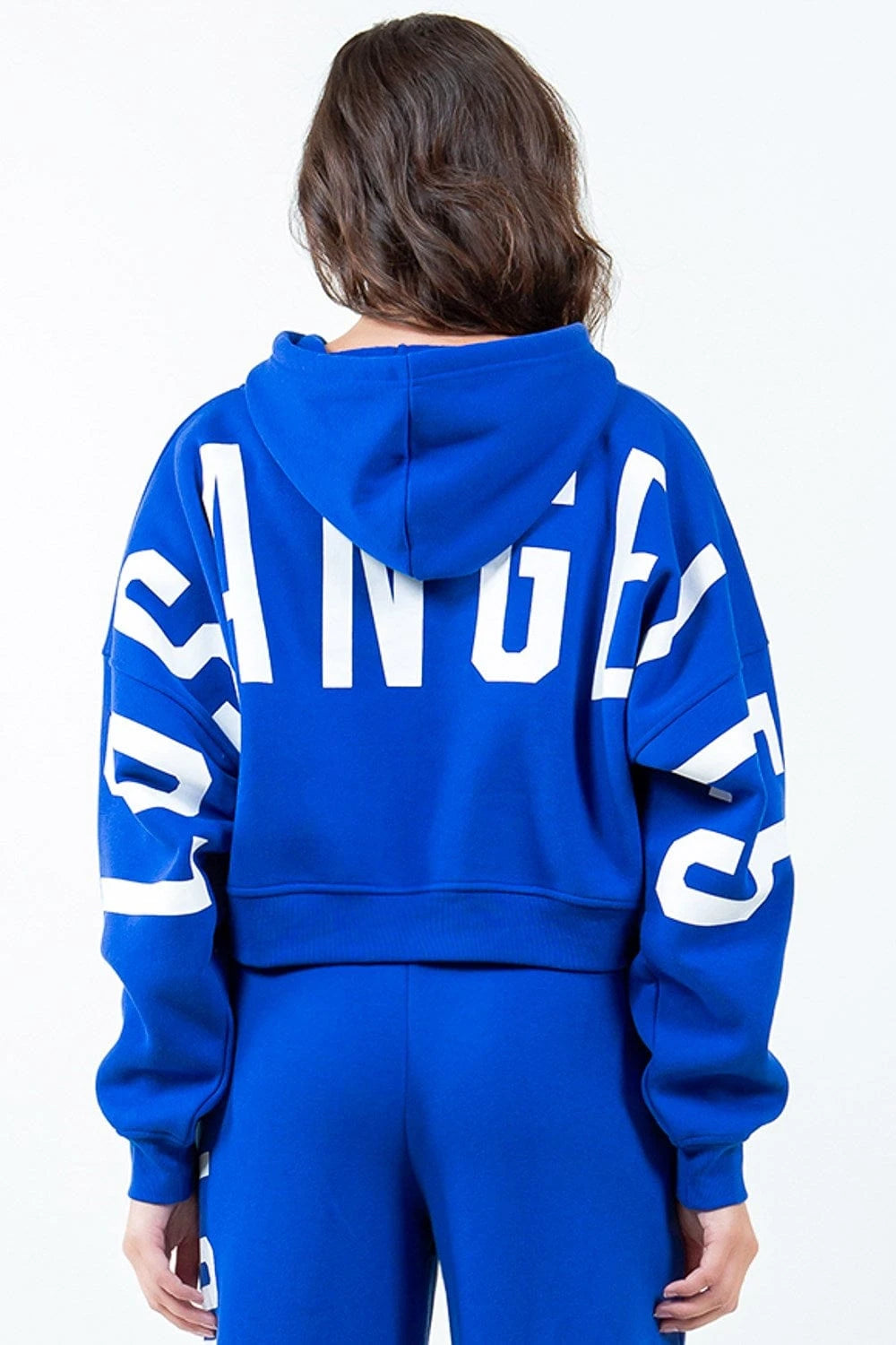 American Bazi Sweatshirts & Hoodies Royal Blue / S American Bazi Letter Graphic Long Sleeve Drawstring Cropped Hoodie