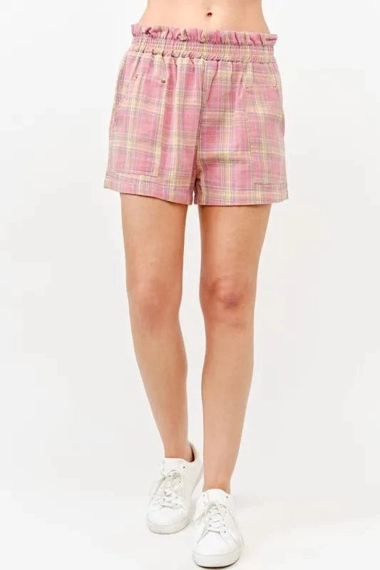 And The Why And The Why Plaid Print Smocked Detail Casual Shorts
