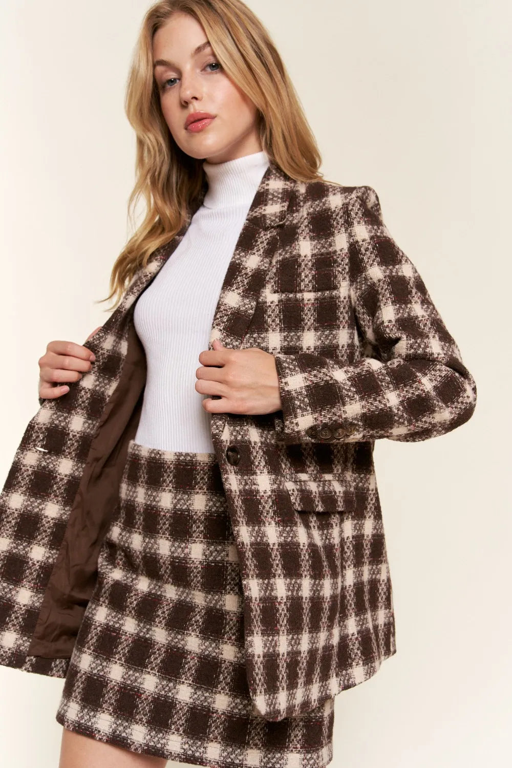 And The Why Blazers Brown / S And The Why Full Size Plaid Brushed One Button Blazer