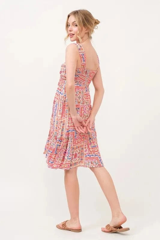 And The Why dresses And The Why Tied Front Smocked Back Tiered Boho Printed Dress