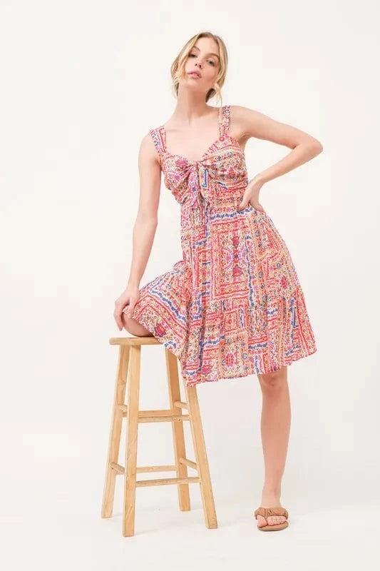 And The Why dresses And The Why Tied Front Smocked Back Tiered Boho Printed Dress