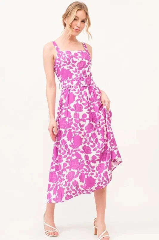 And The Why dresses Magenta / S And The Why Square Neck Belted Floral Printed Midi Dress