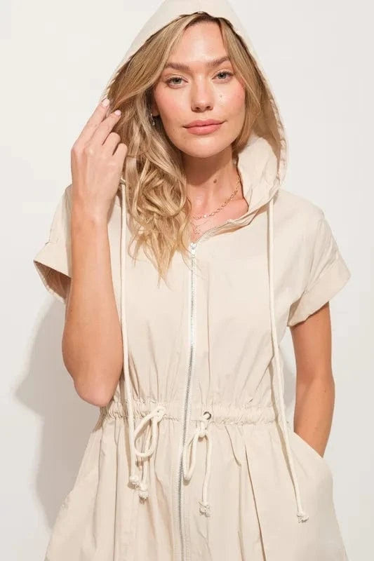 And The Why Mini Dresses Almond / S And The Why Short Sleeve String Details Hooded Mini Dress