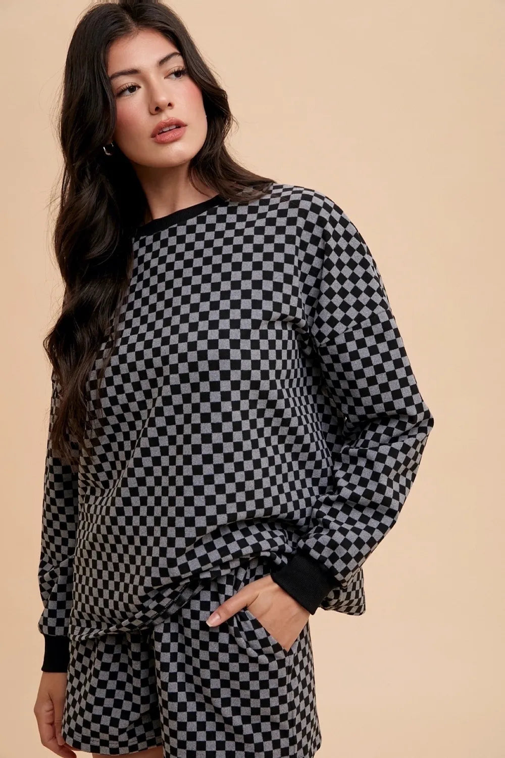 Annie Wear Black / S Annie Wear Checkered Round Neck Top and Drawstring Shorts Set
