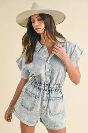 Annie Wear Jumpsuits & Rompers Light / S Annie Wear Elastic Waistband Short Sleeve Denim Romper