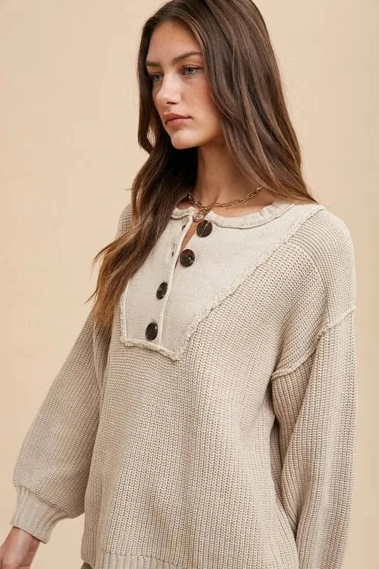 Annie Wear Sweater Dresses Annie Wear Half Button Ribbed Hem Sweater