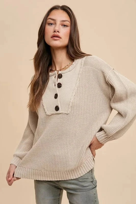 Annie Wear Sweater Dresses Oatmeal / S Annie Wear Half Button Ribbed Hem Sweater