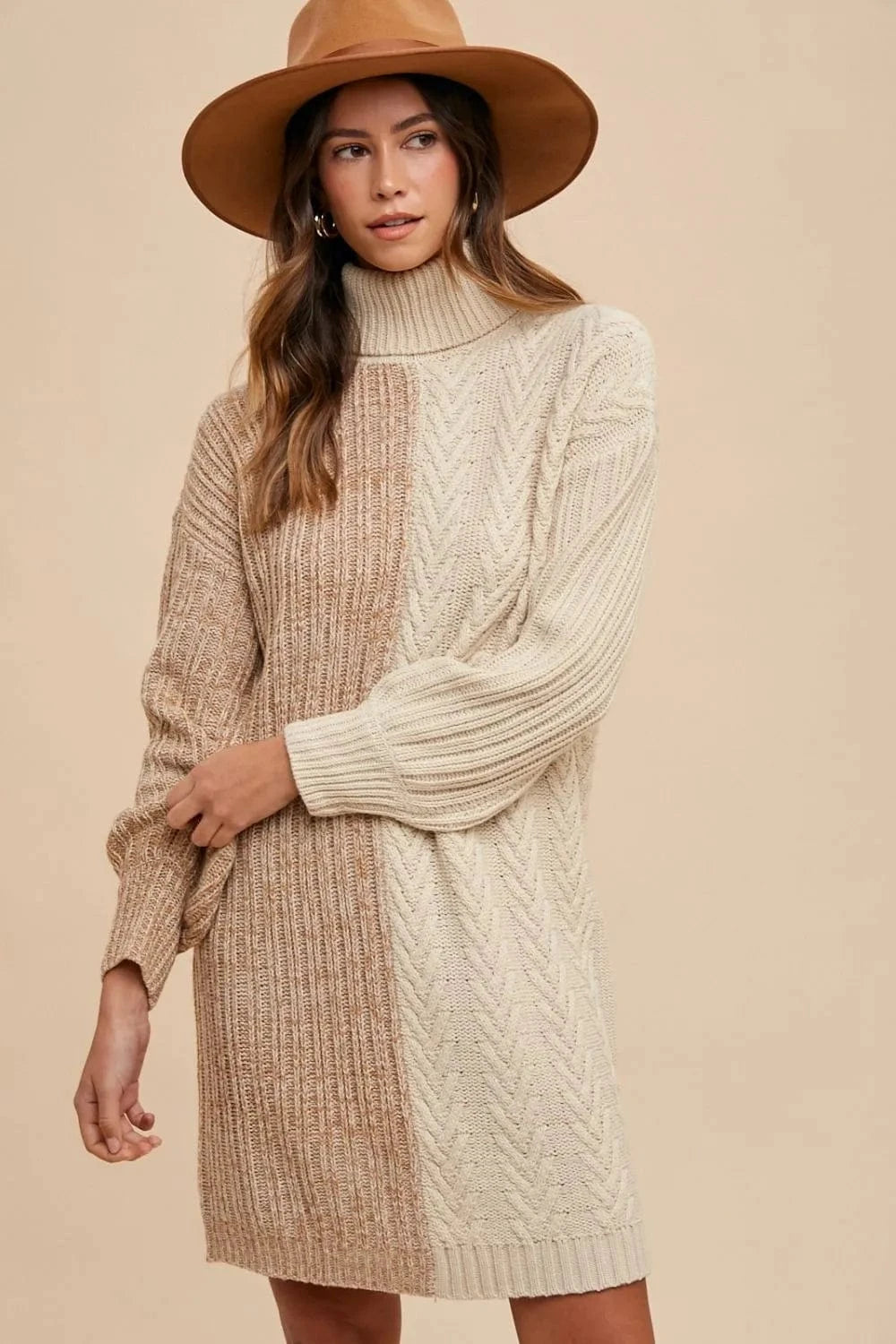 Annie Wear Sweater Dresses Taupe / S Annie Wear Color Block Turtleneck Sweater Dress