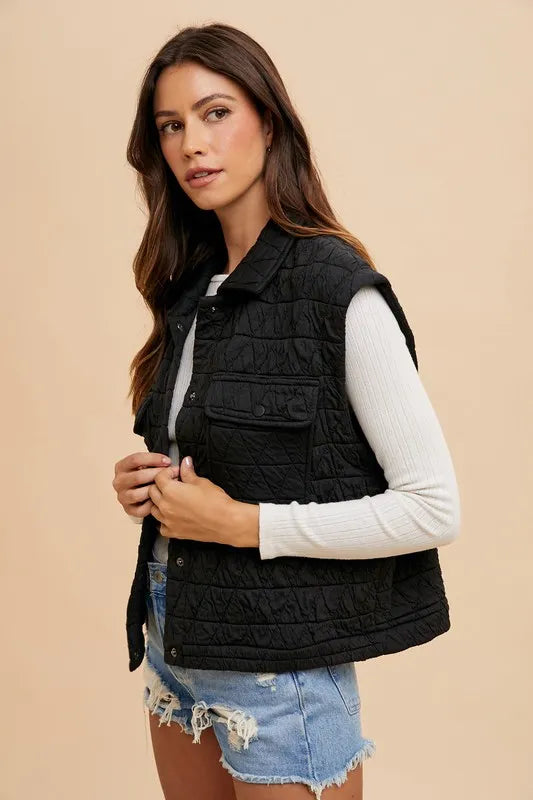 Annie Wear Vests Annie Wear Texture Quilted Snap Down Vest Coat