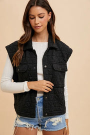 Annie Wear Vests Black / S Annie Wear Texture Quilted Snap Down Vest Coat