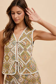 Annie Wear Vests YELLOW GREEN MULTI / S Annie Wear Ethnic Woven Jacquard Tie Front Vest