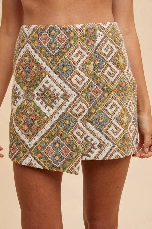 Annie Wear YELLOW GREEN MULTI / S Annie Wear Ethic Woven Jacquard Wrap Mini Skirt