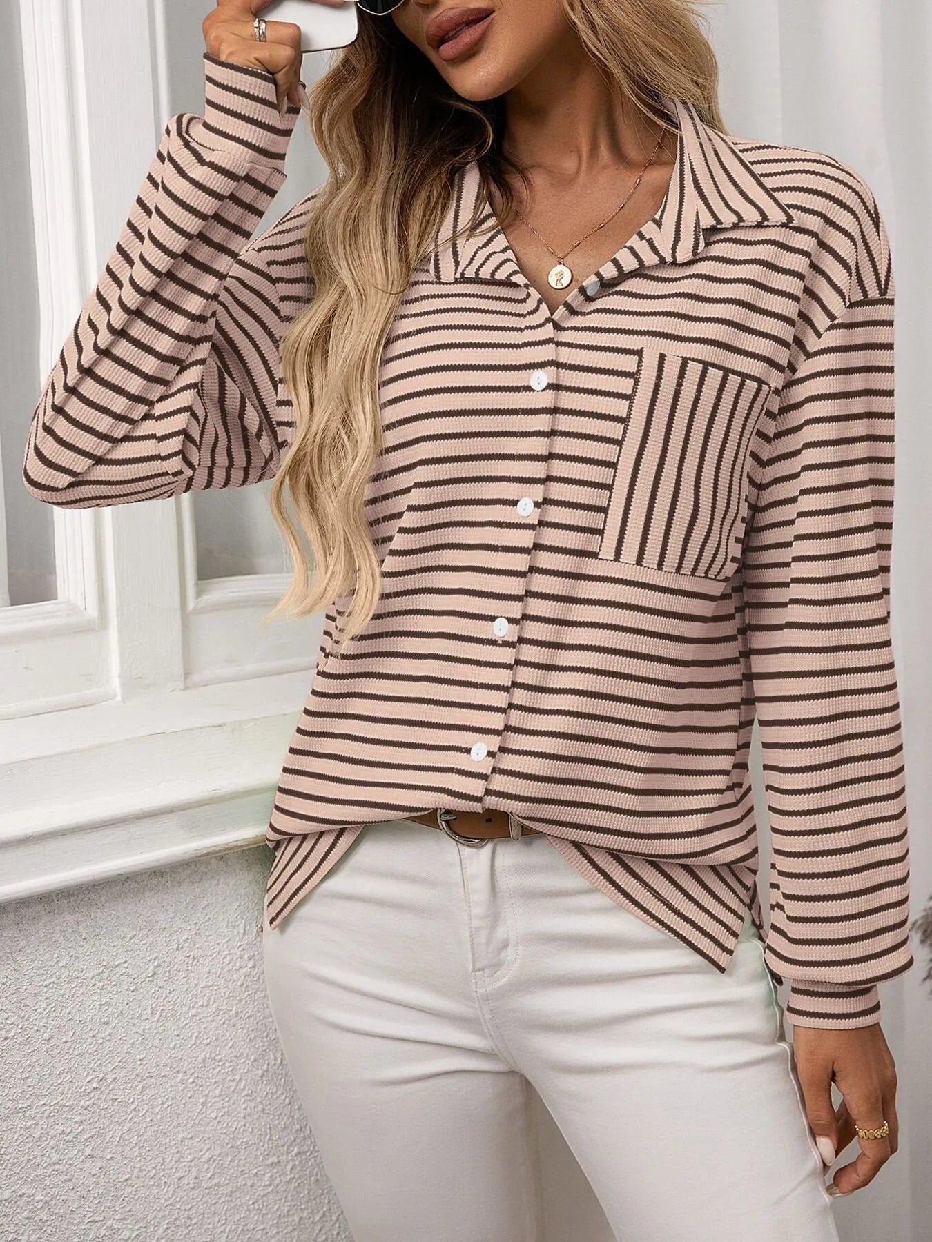 Ash Memory Striped Button Up Long Sleeve Shirt