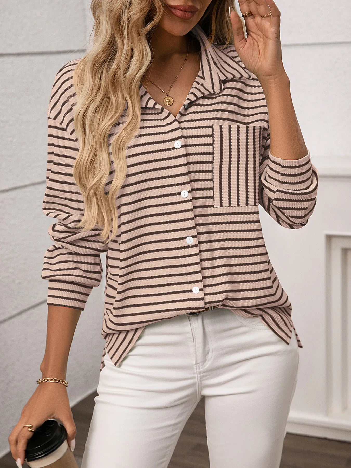 Ash Memory Striped Button Up Long Sleeve Shirt