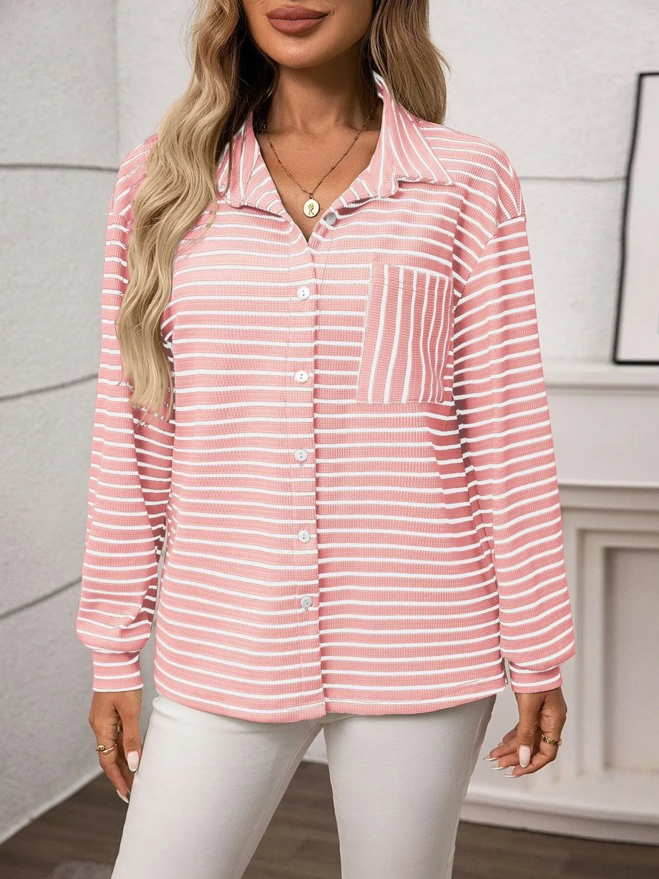Ash Memory Striped Button Up Long Sleeve Shirt
