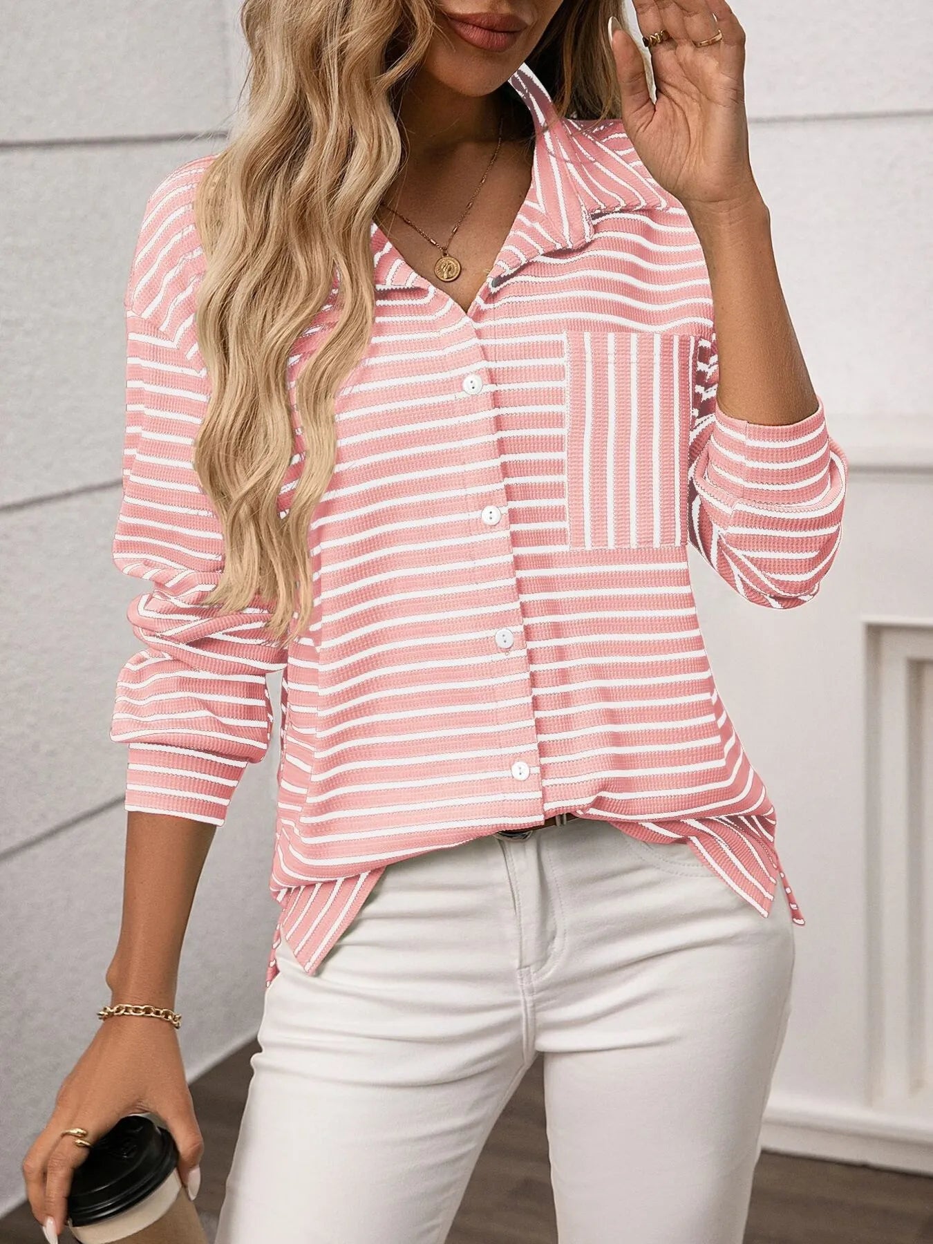 Ash Memory Striped Button Up Long Sleeve Shirt