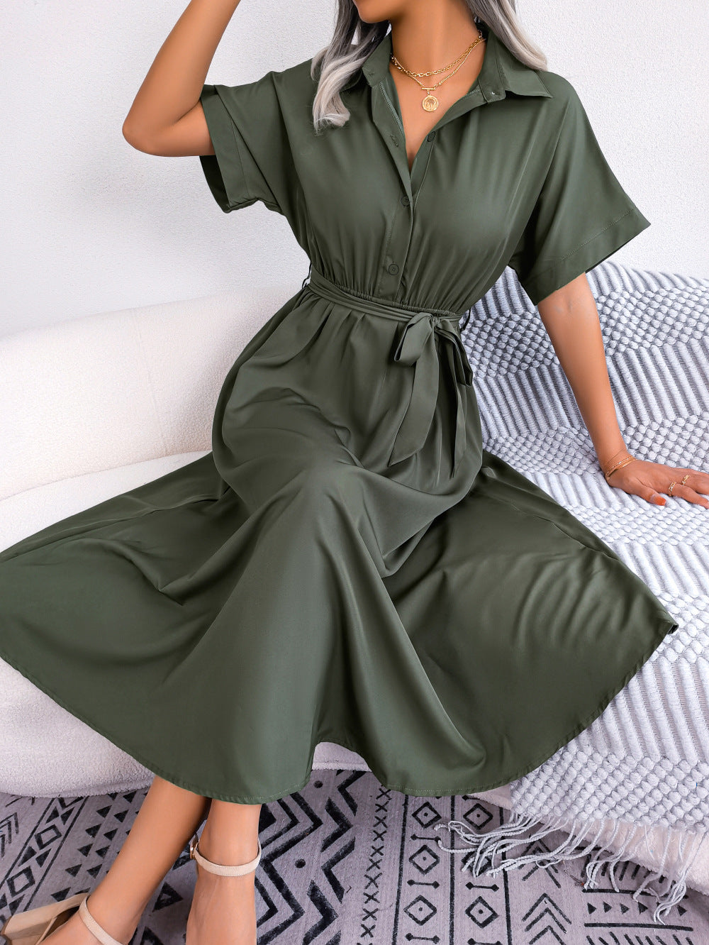 B.J.S Army Green / S Short Sleeve Collared Tie Belt Dress