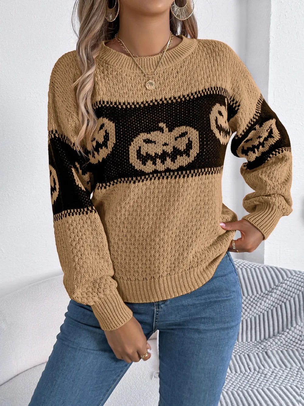 B.J.S Camel / S Pumpkin Round Neck Long Sleeve Sweater