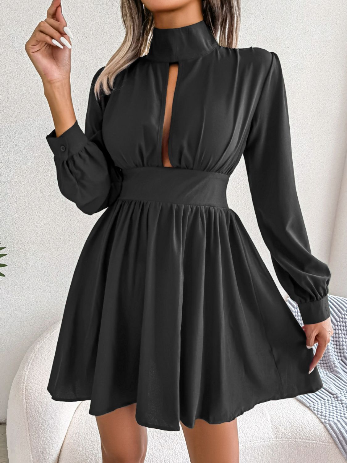 B.J.S Mini Dresses Black / S Cutout Turtleneck Long Sleeve A-Line Mini Dress