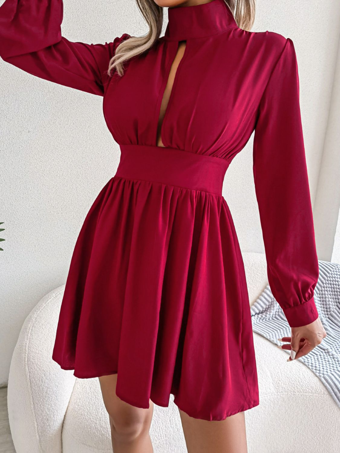 B.J.S Mini Dresses Cutout Turtleneck Long Sleeve A-Line Mini Dress
