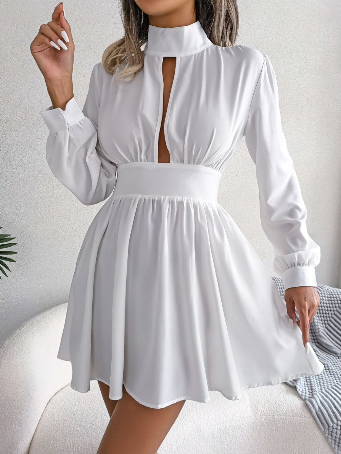 B.J.S Mini Dresses White / S Cutout Turtleneck Long Sleeve A-Line Mini Dress