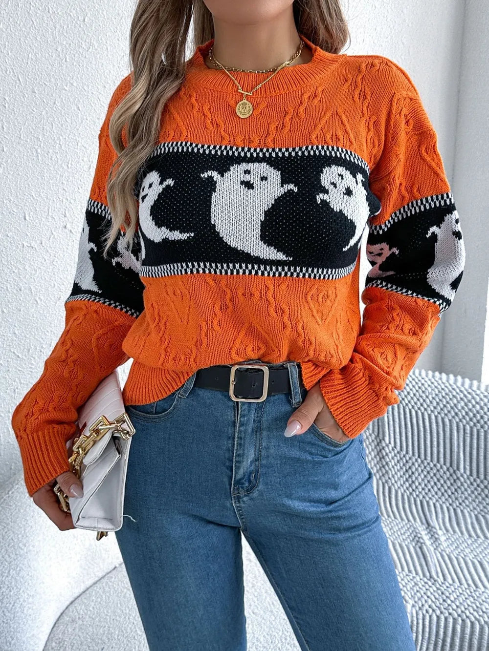 B.J.S Orange / S Ghost Round Neck Long Sleeve Sweater