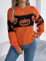 B.J.S Orange / S Pumpkin Round Neck Long Sleeve Sweater