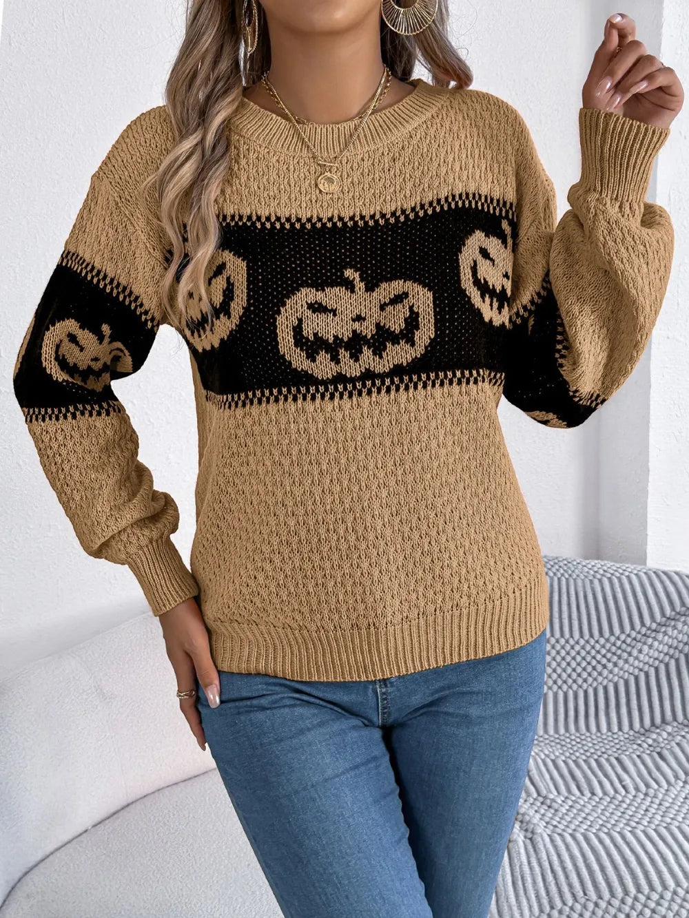 B.J.S Pumpkin Round Neck Long Sleeve Sweater