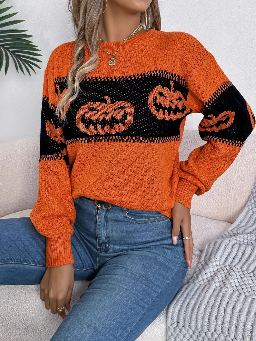 B.J.S Pumpkin Round Neck Long Sleeve Sweater